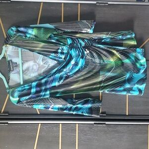Frank Lyman Design Blue Green Abstract Wrap-Front Women's Top